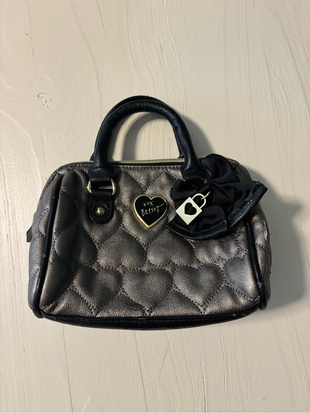 Betsey Johnson Metallic Quilted Mini Satchel - Silver Black Trim